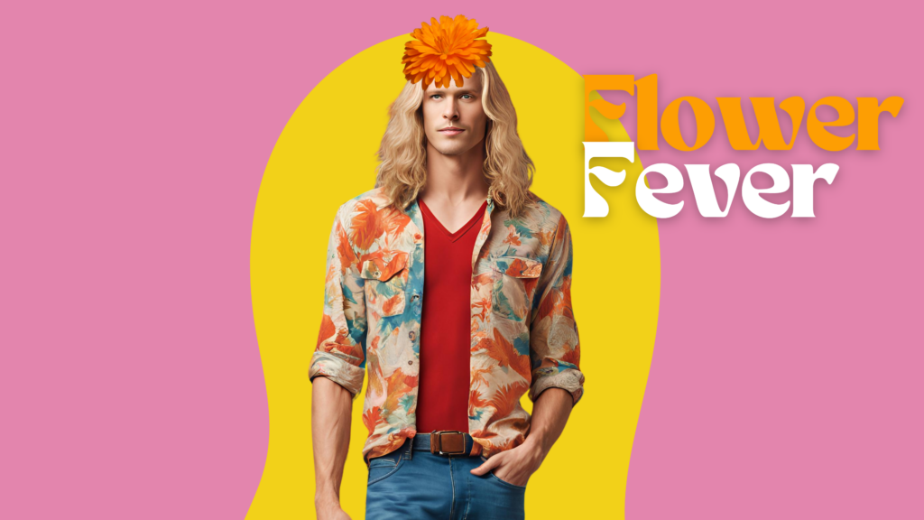 man with orange flower on head
