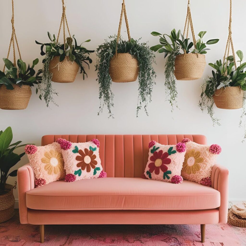 velvet couch with pillows with floral decals