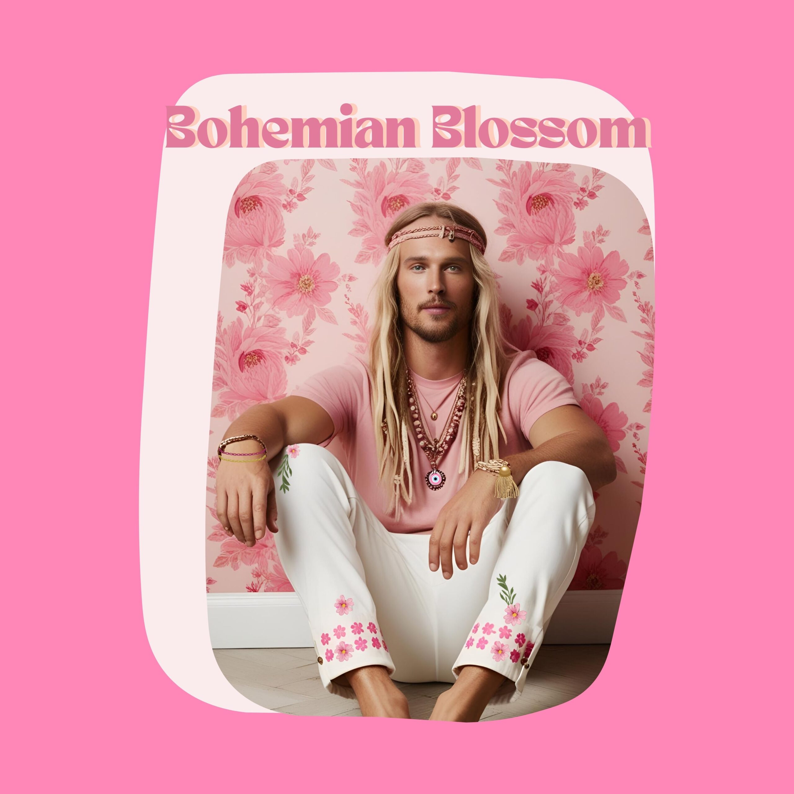 long haired blonde man with white pants with pink flowers on cuffs