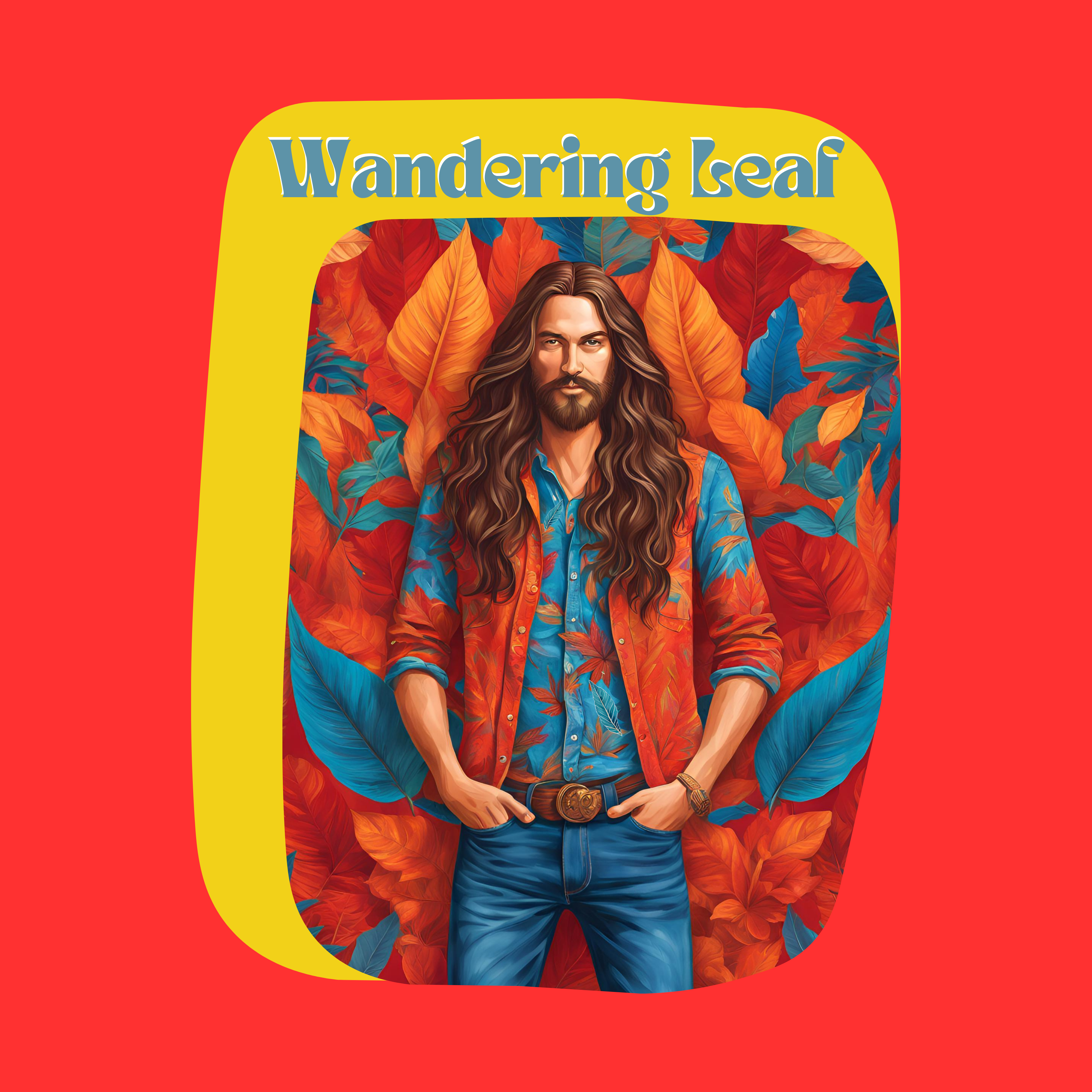 boho brunette man with long hair in jeans with leaf decals on them