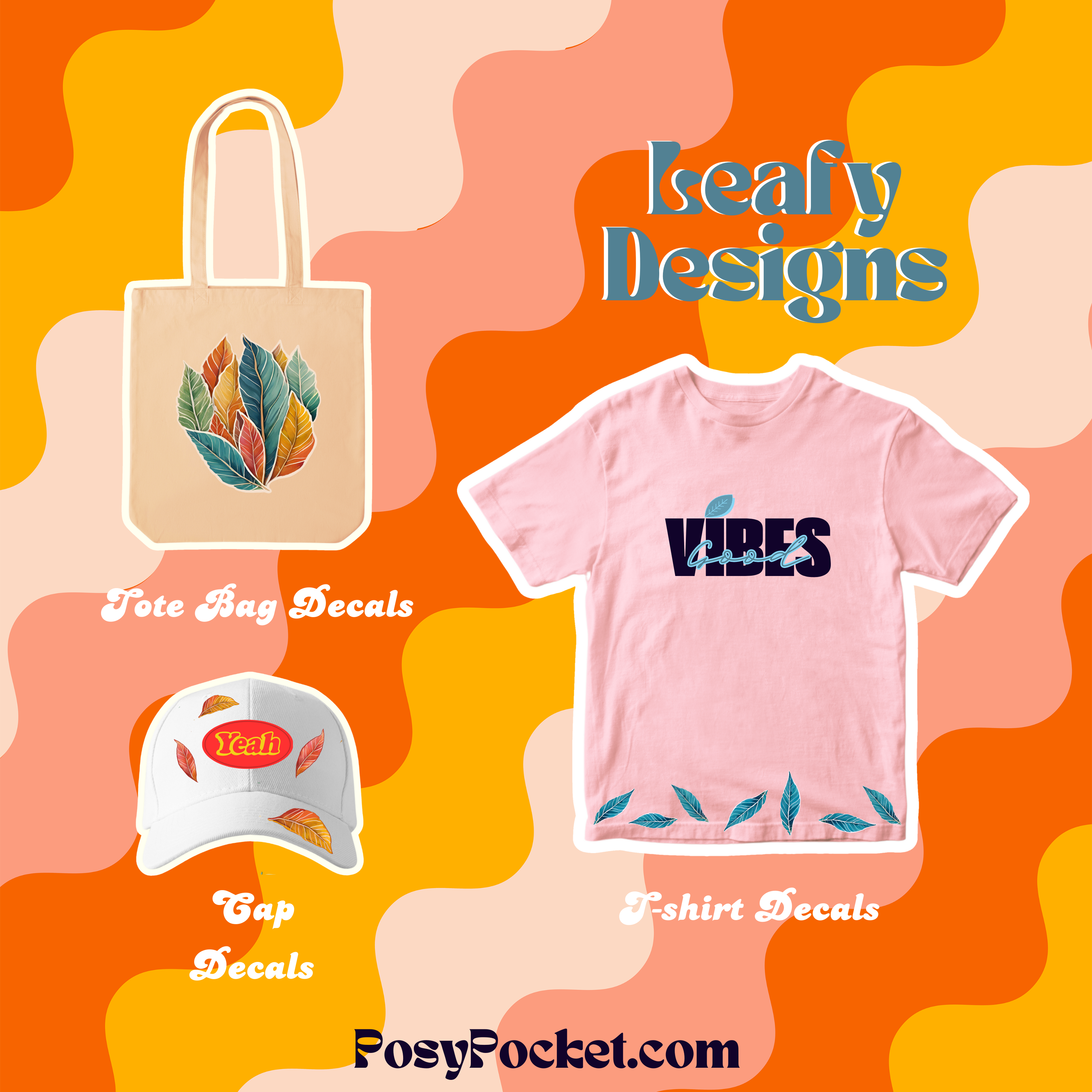 leafy decals in red, orange and blue on merchandise