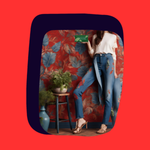 elegant woman who is wearing silk top and jeans with leaf decals on them