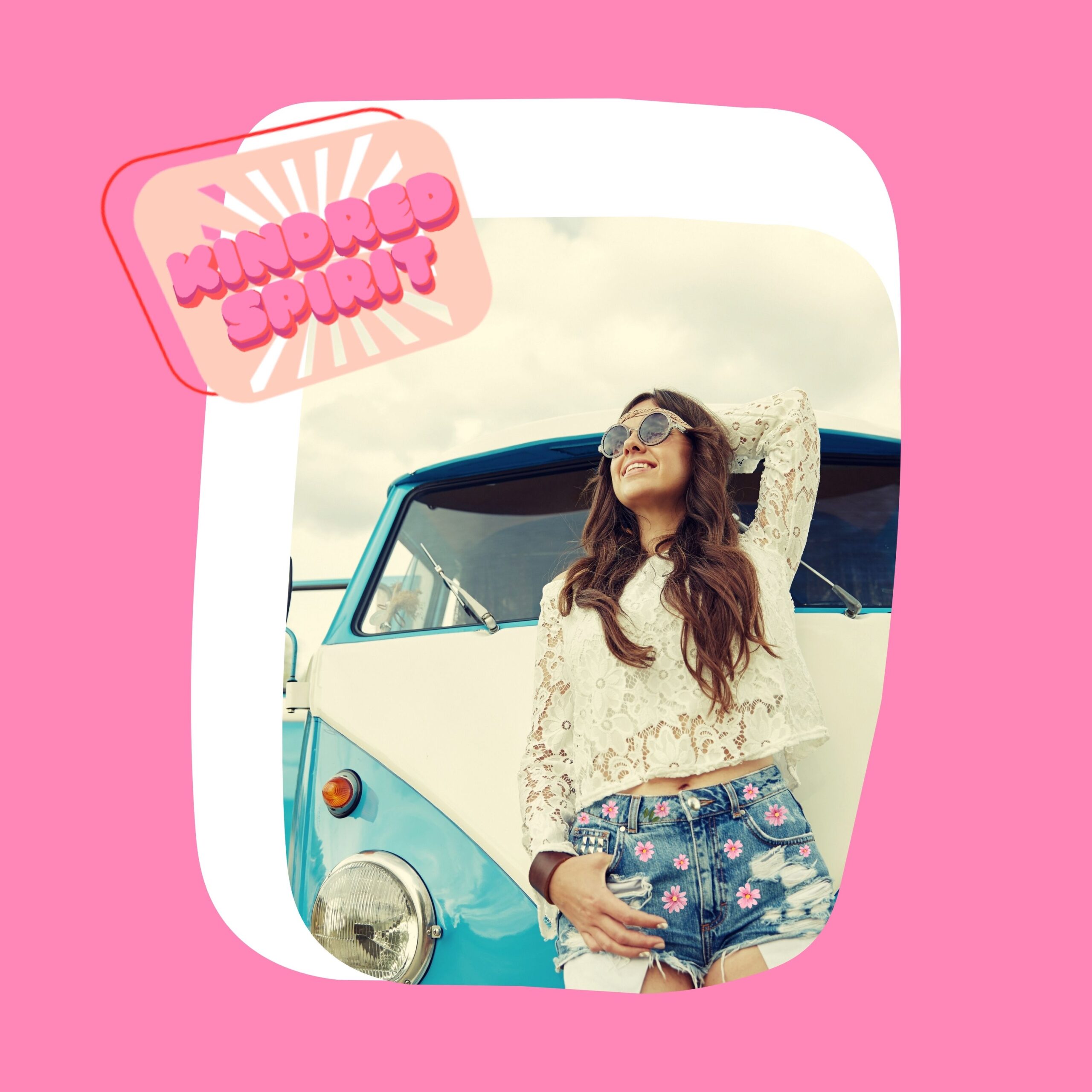 pink flower cut off jean shorts with hippie in front of a Volkswagen bus