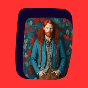 long haired red headed man with beard waring blue suit jacket with leaf decals on the collar