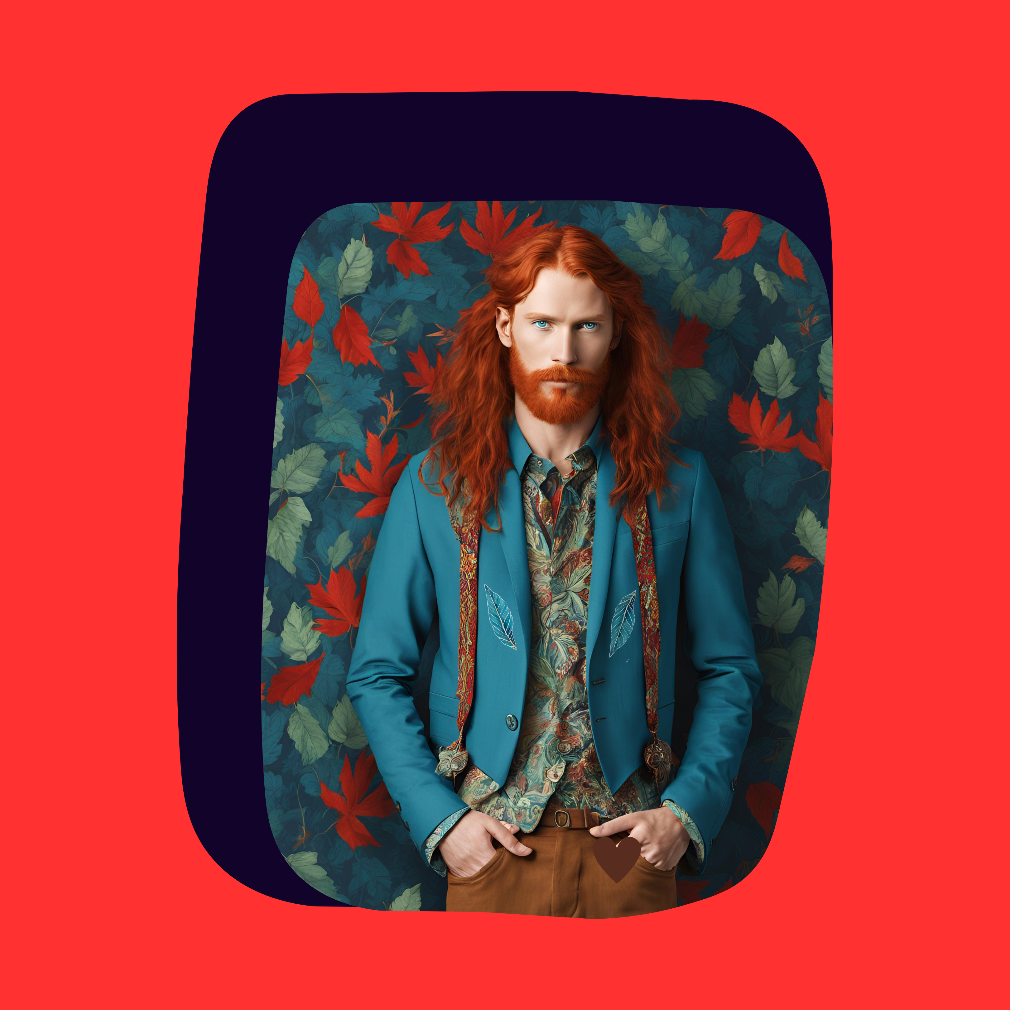 long haired red headed man with beard waring blue suit jacket with leaf decals on the collar