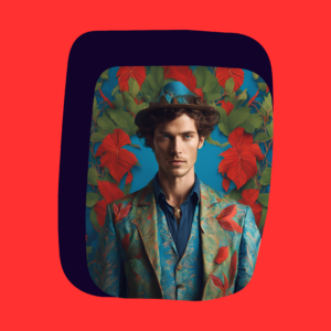 cool trendy young man in hat with iron on decal leaves on wardrobe