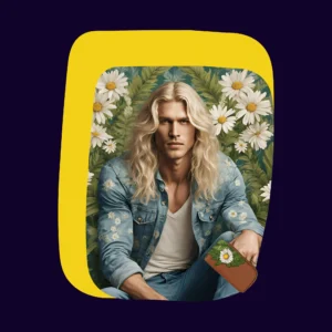 beautiful boho man in jeans with daisy decals on them