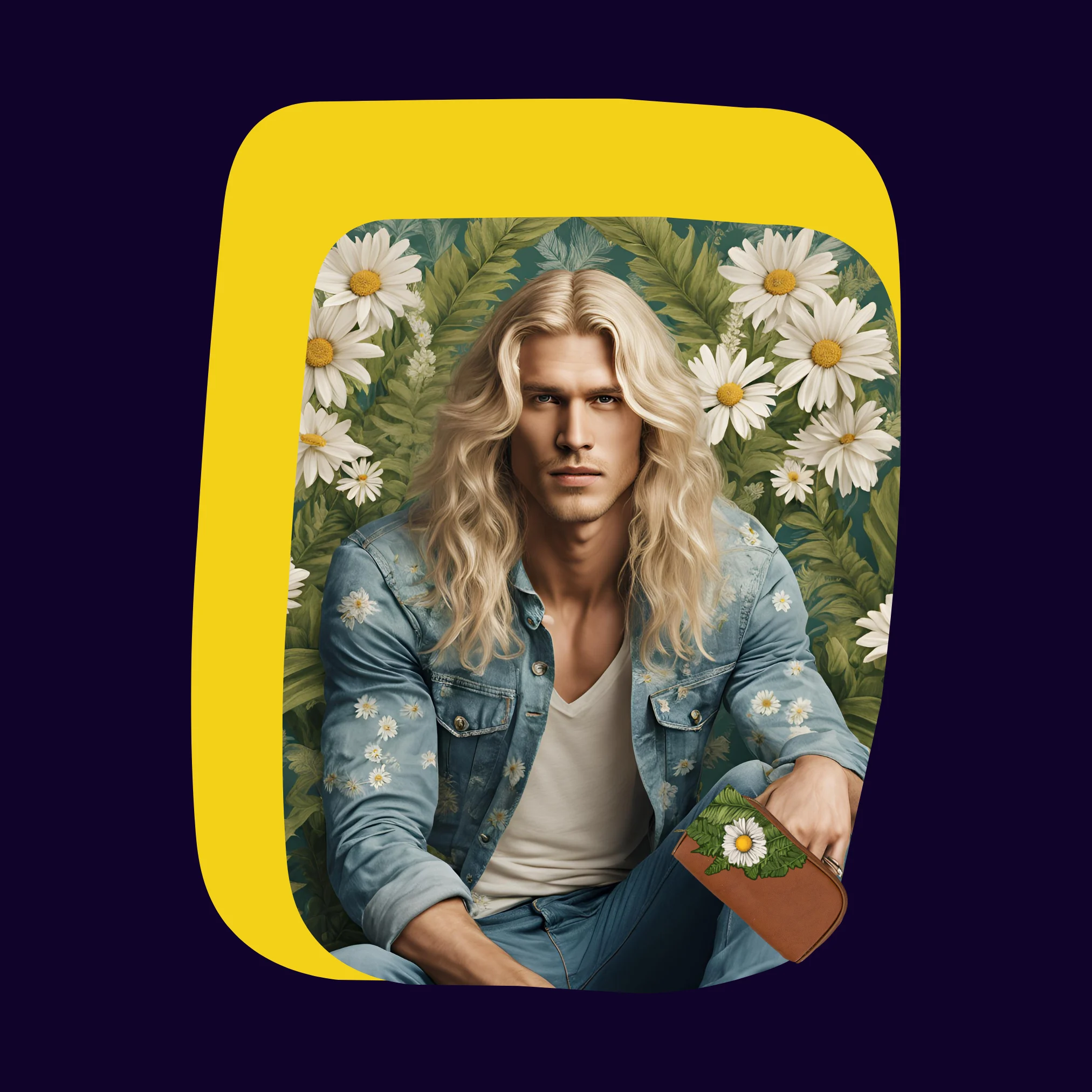 beautiful boho man in jeans with daisy decals on them