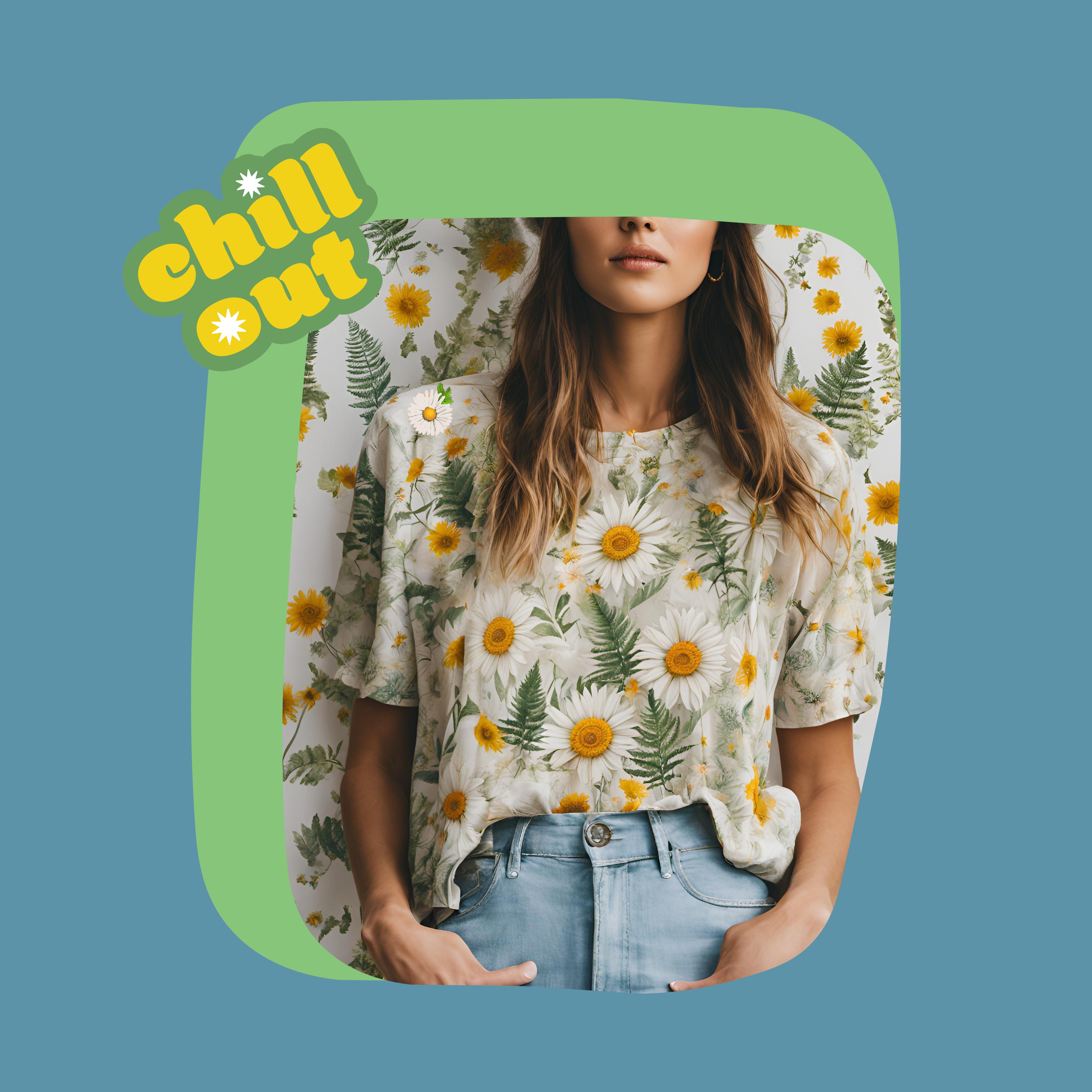 brunette pretty woman with vintage boho t shirt with daisies