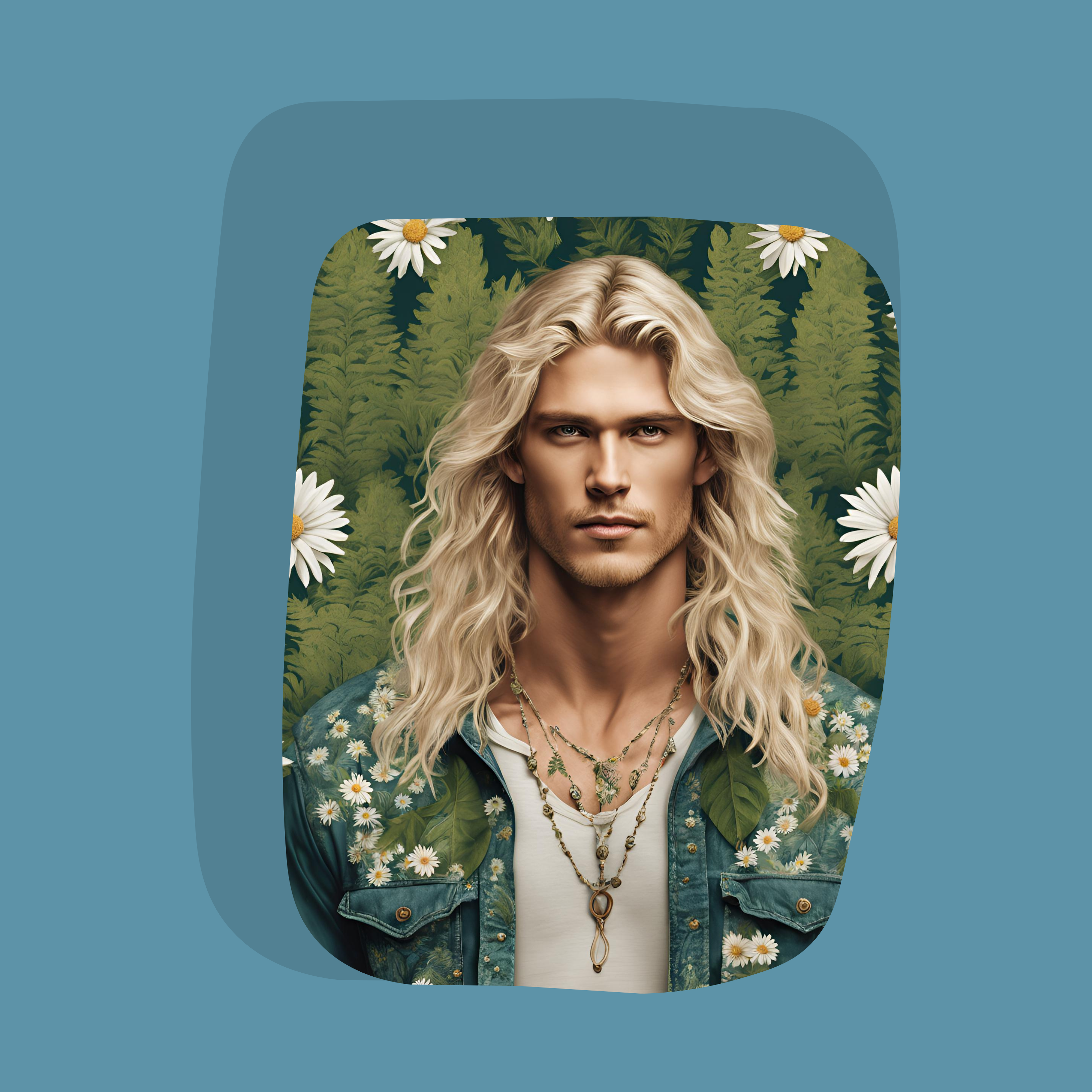 boho man wearing daisy decal on jean shirt