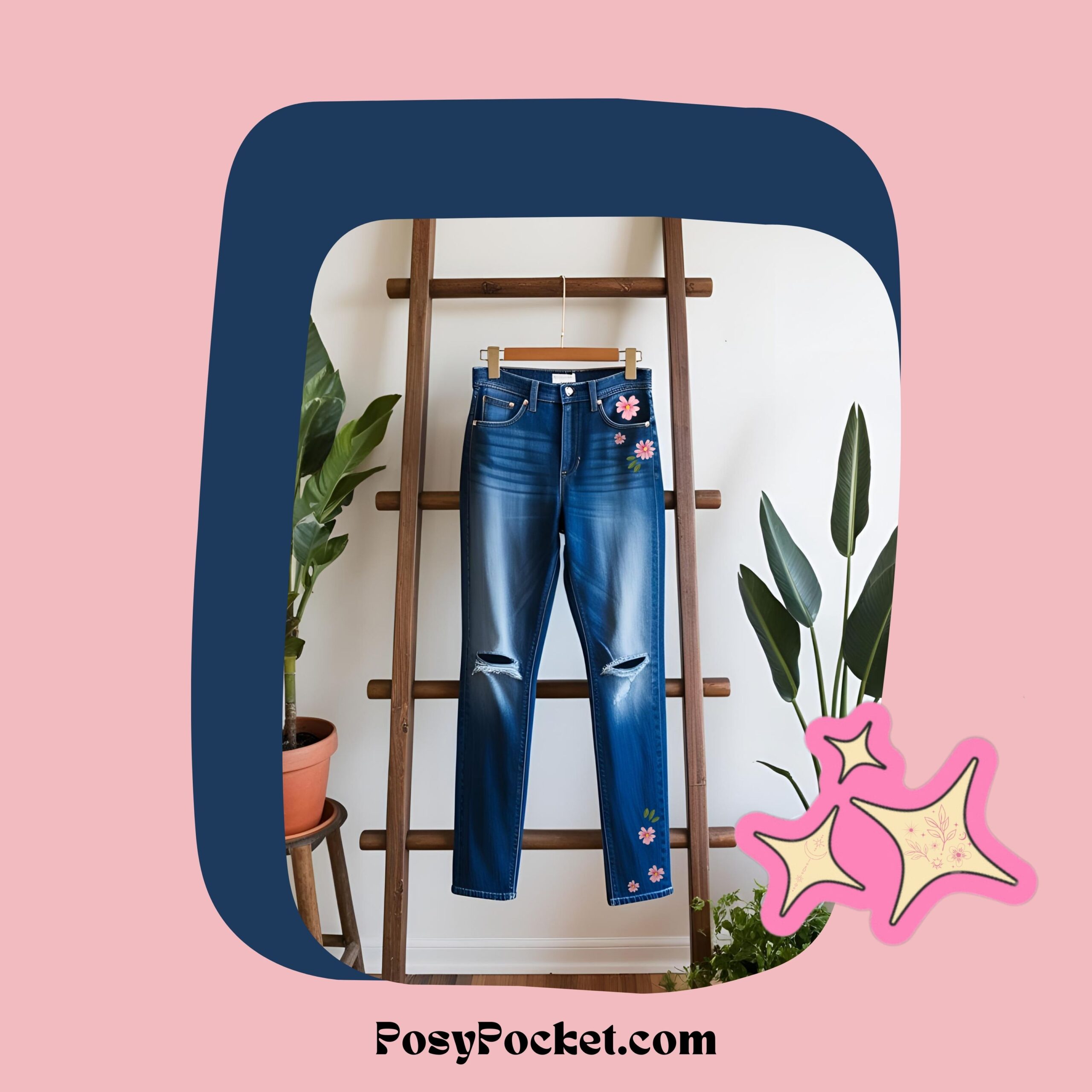 boho style jeans hanging on ladder with potted plants and pink florals on them