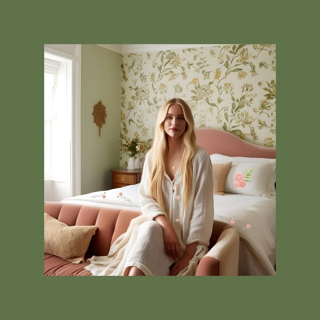 beautiful woman sitting on bed in cottage style home with flower decals on bedding and walls and her dress