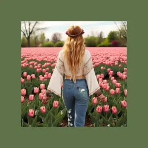 boho woman in flower field with flowers in her hair and flower decals on her denim jeans