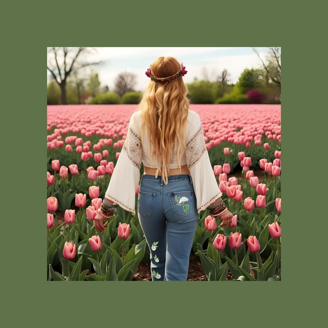 boho woman in flower field with flowers in her hair and flower decals on her denim jeans