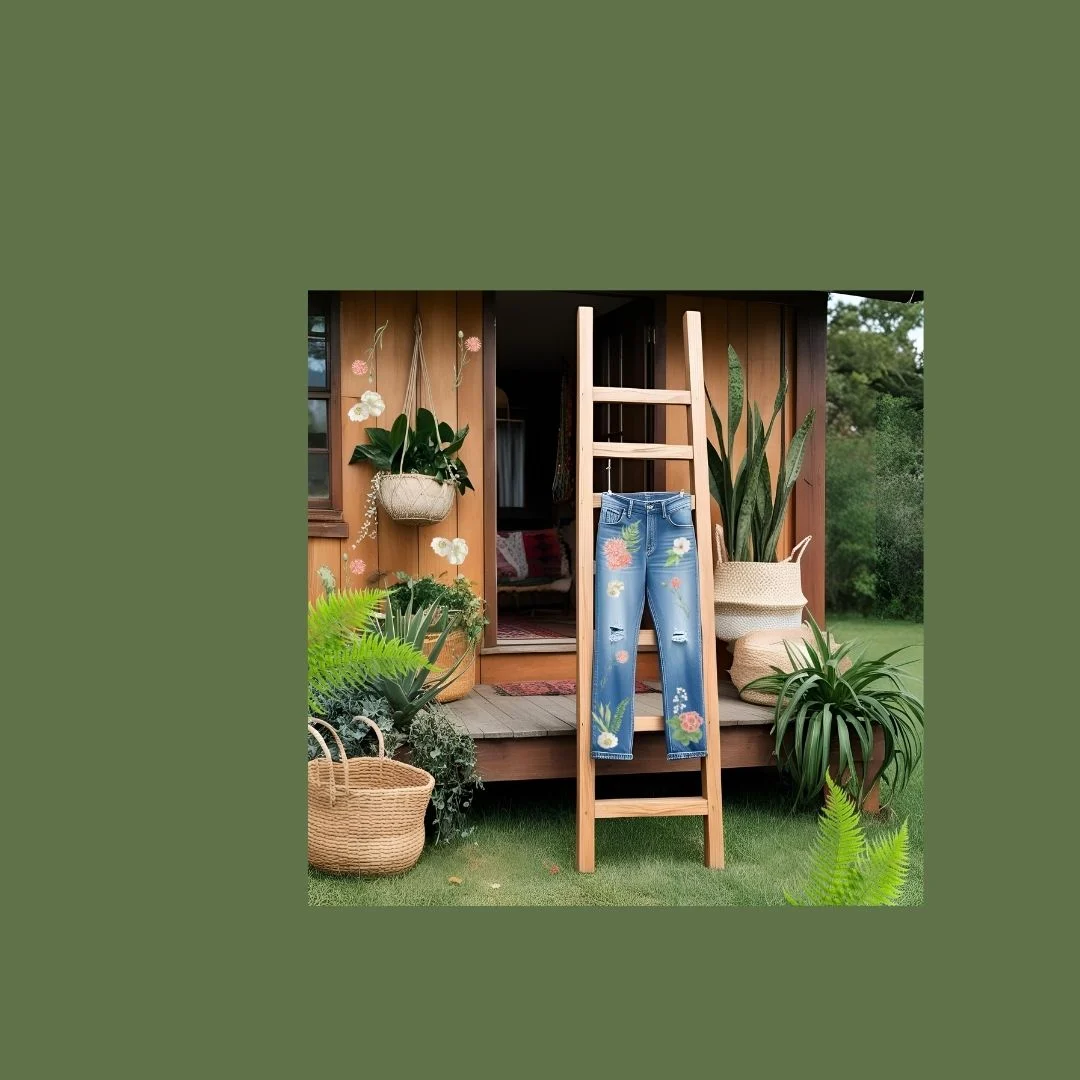 vintage blush decal collection on jeans hanging in front of rustic cabin