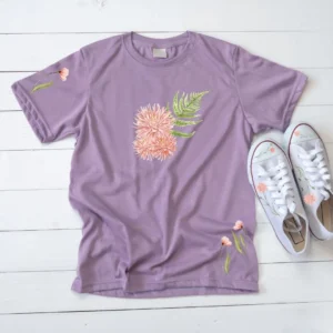 pink flower iron-on decals on purple shirt and canvas sneakers
