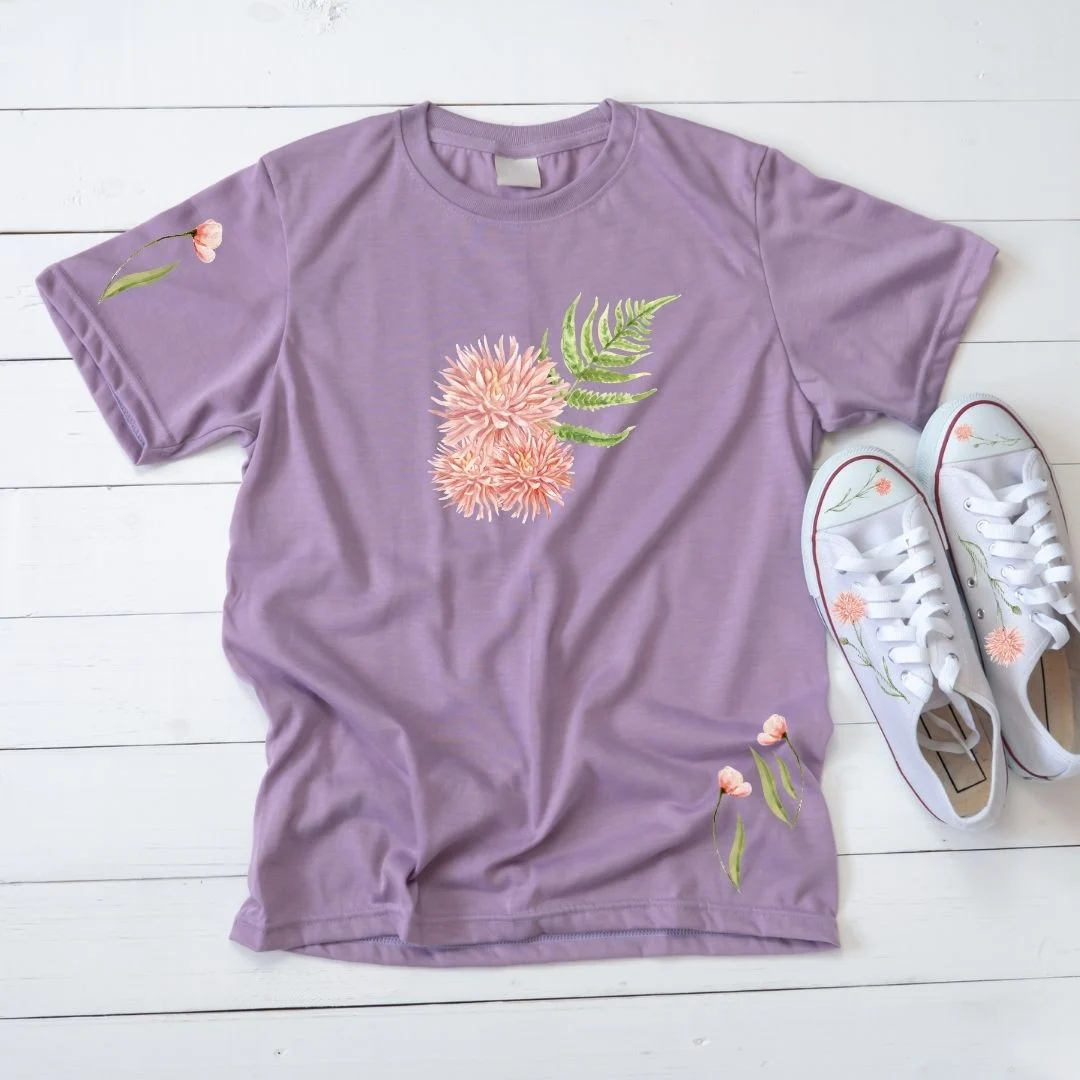 pink flower iron-on decals on purple shirt and canvas sneakers