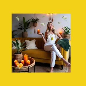 boho girl in white overhauls with ellow flower decal