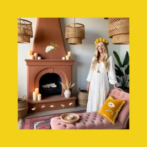 boho house with stucco mantel with yellow decal flower on walls and woman wearing yellow decal on her dress
