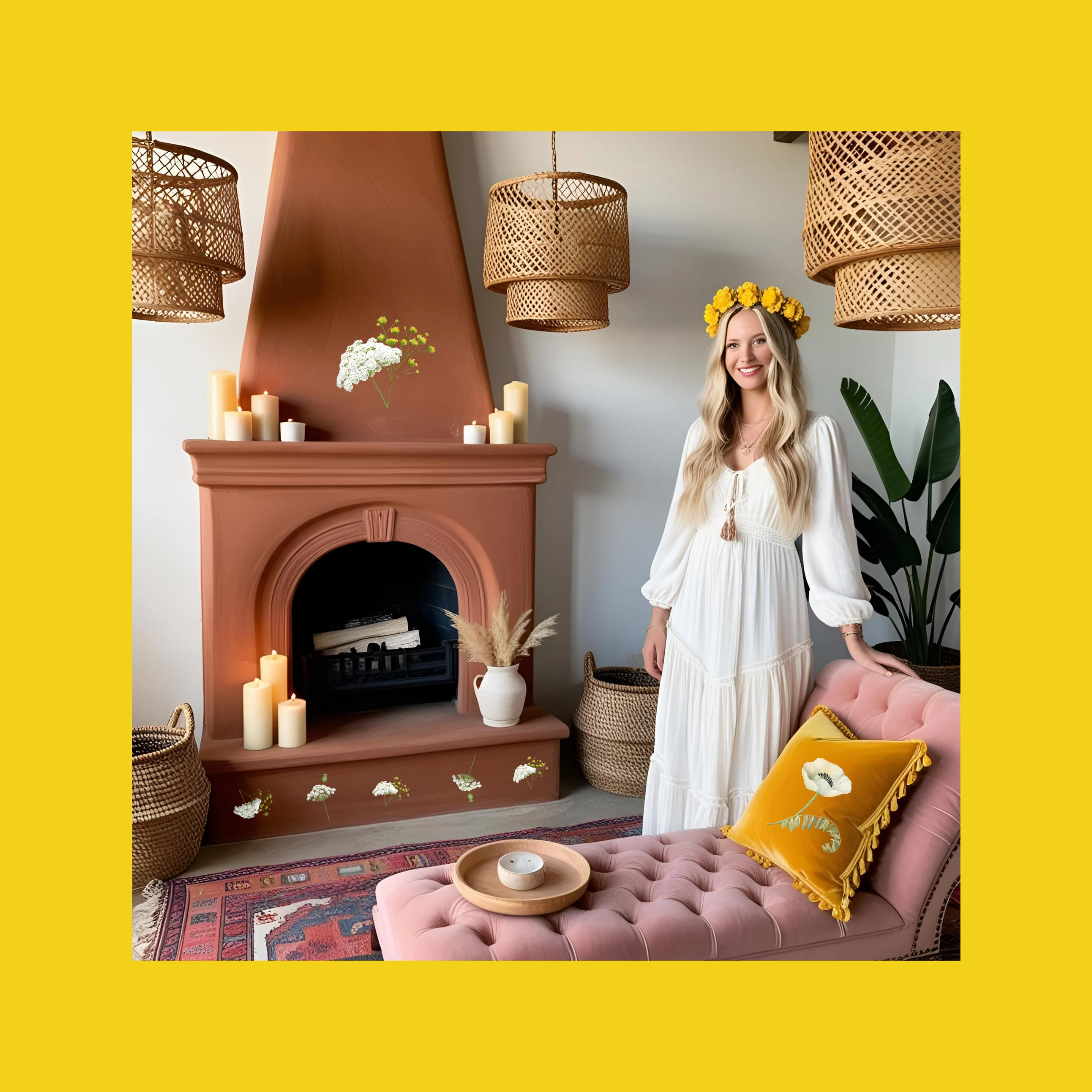 boho house with stucco mantel with yellow decal flower on walls and woman wearing yellow decal on her dress