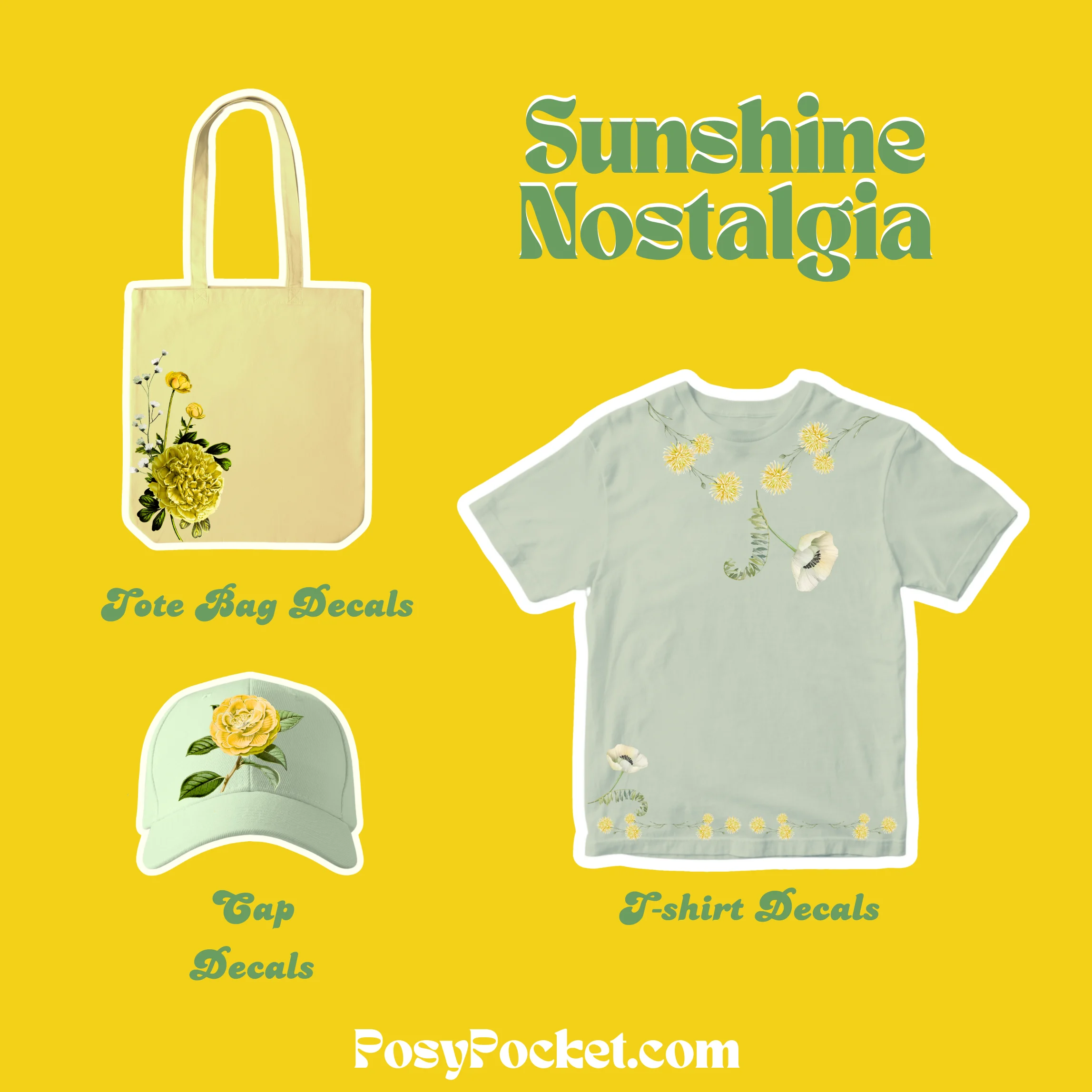 bag, shirt and white ball cap with yellow floral decals on all of them