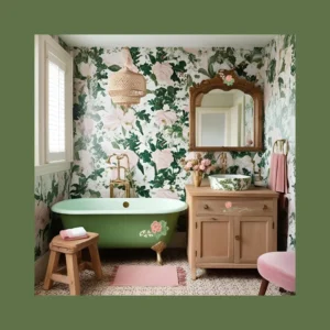 cottage style bathroom with flower decals on tub and vanity
