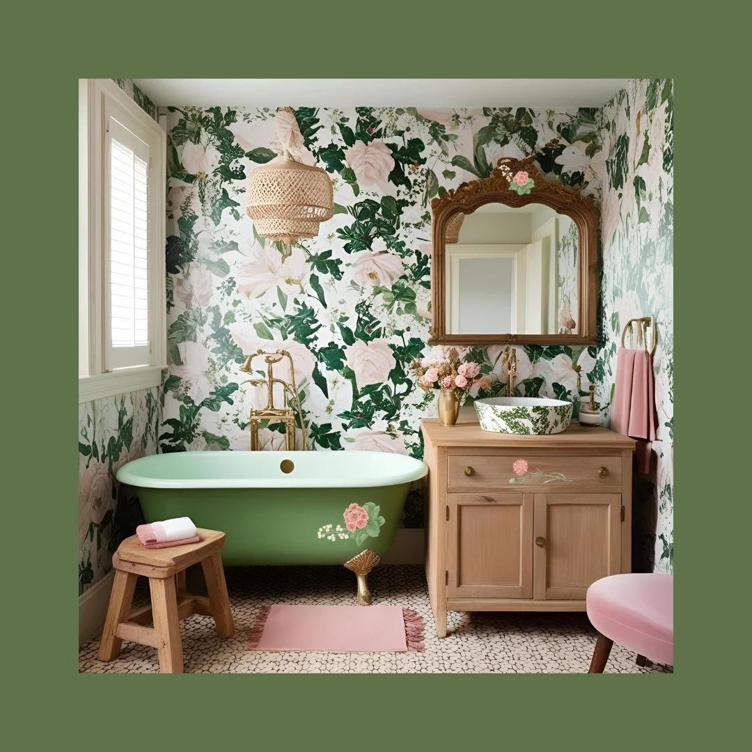 cottage style bathroom with flower decals on tub and vanity