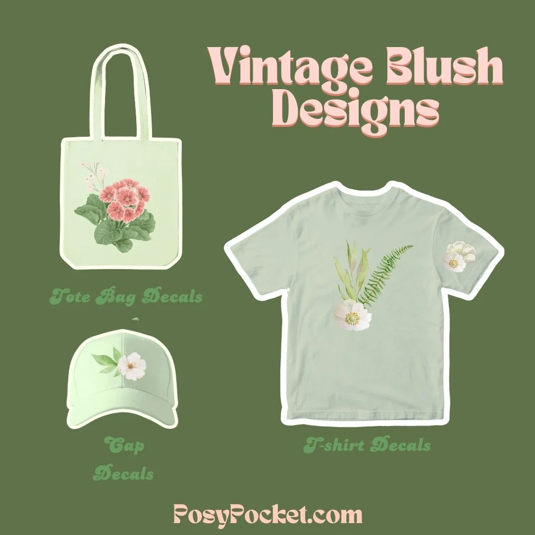 vintage blush pink decals on shirt and canvas bag