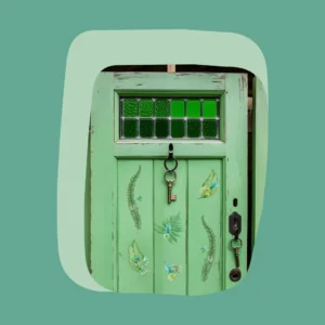 fern and clover decals on rustic green door