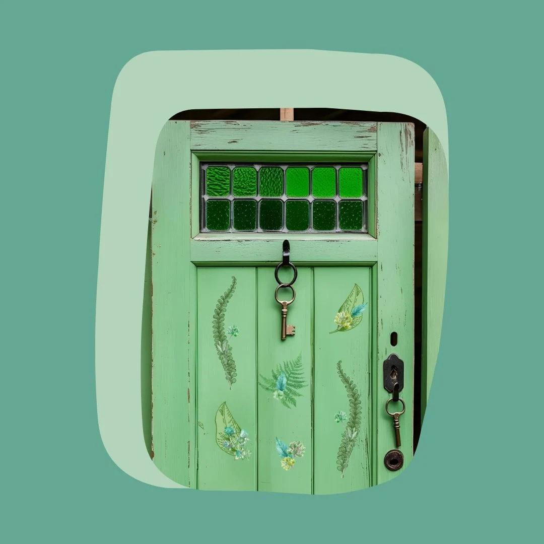 fern and clover decals on rustic green door