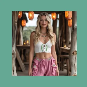 boho woman in white tee with baggy pants with fern decal stickers on them