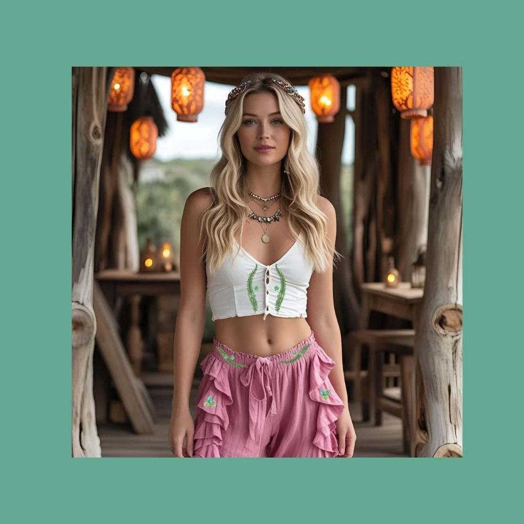 boho woman in white tee with baggy pants with fern decal stickers on them