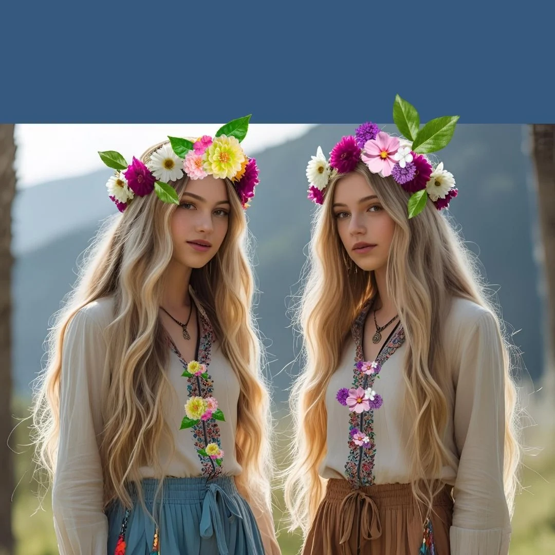 hippie girls in flower crowns with faux flower sticker decals on clothing