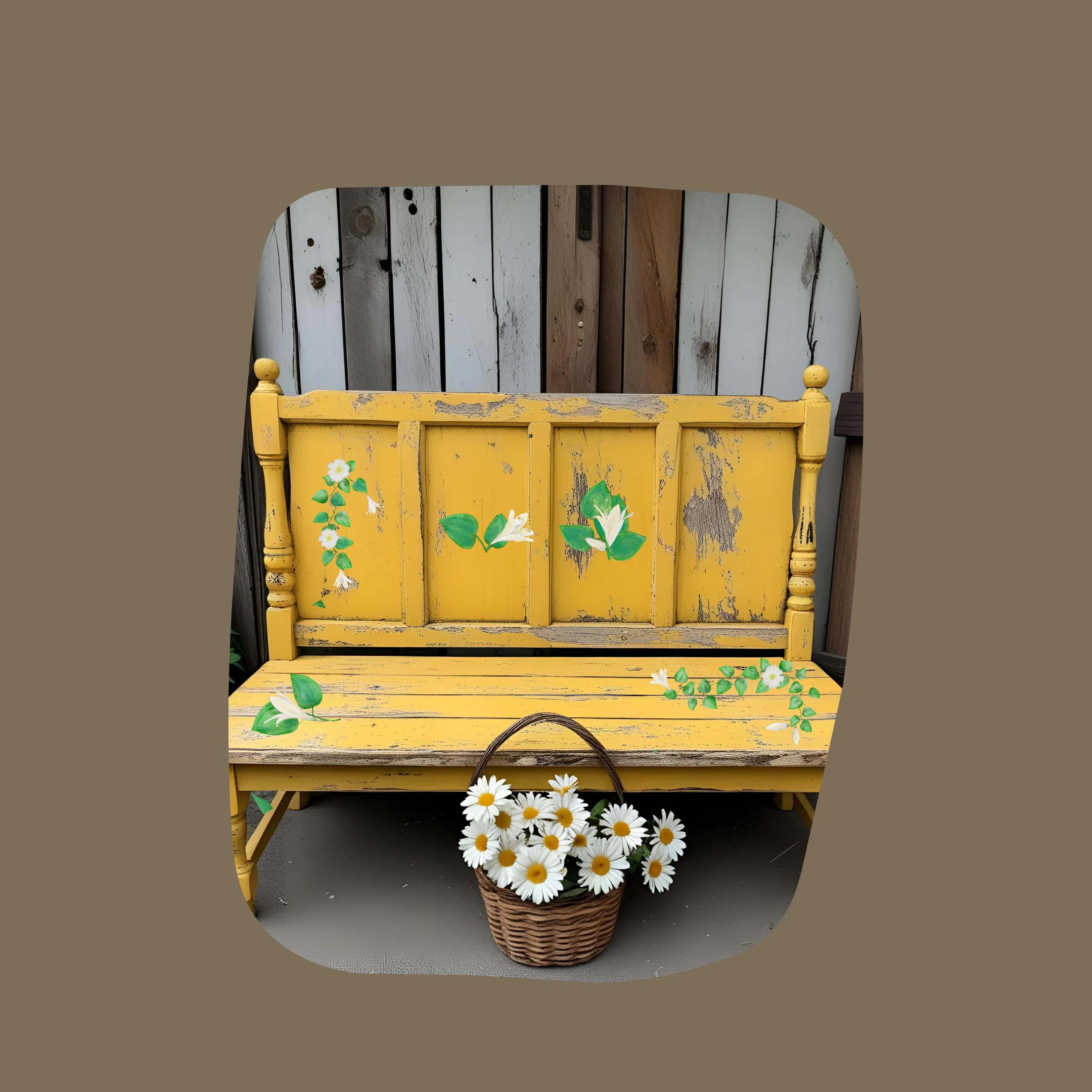 lily floral decals on yellow rustic bench outdoors