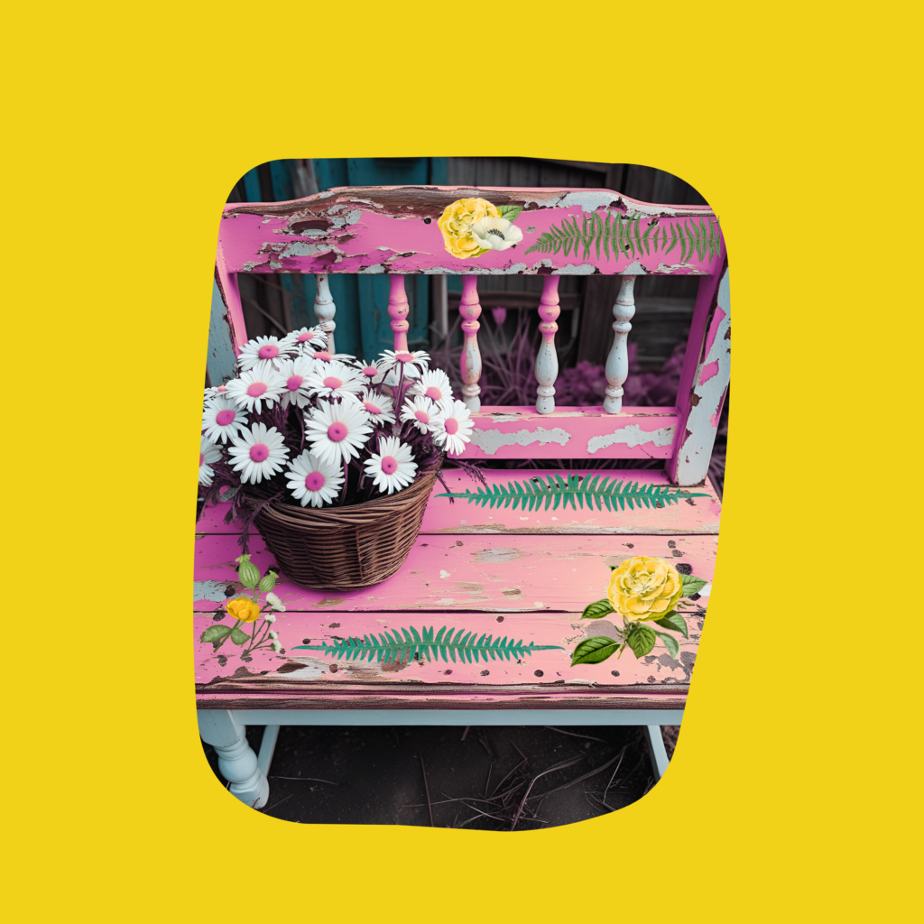 pink bench with floral decals and yellow backdrop