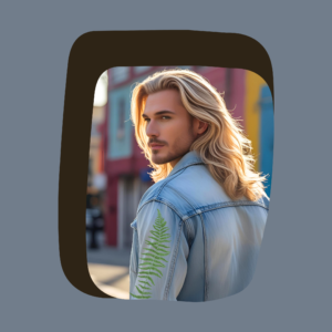beautiful boho man in denim jacket with fern decal