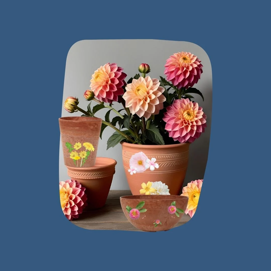 flower pots with sticker floral decals on them