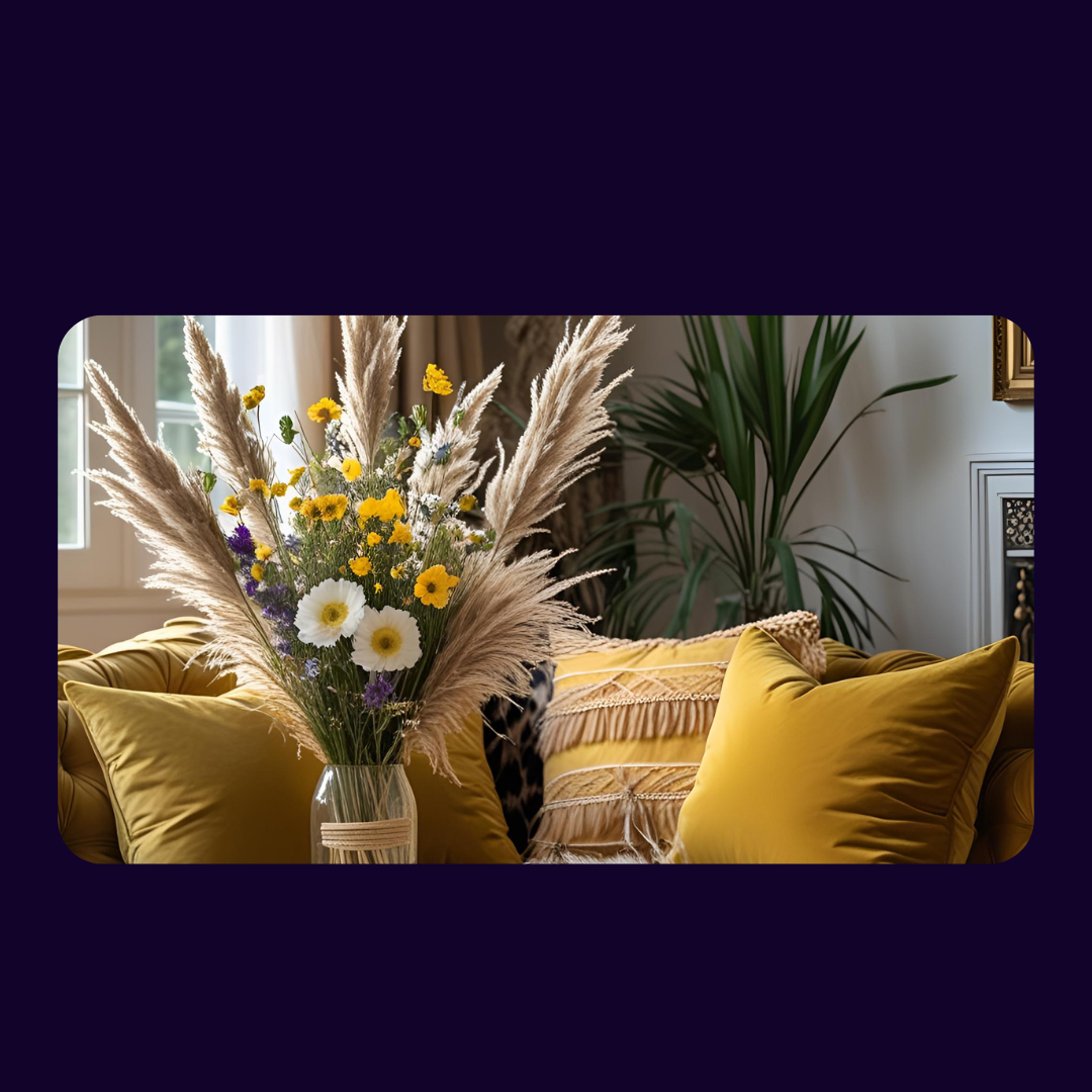 boho home interior with pampass grass arrangement