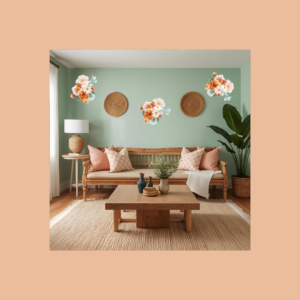 boho living room with wall dtf decals wallpaper