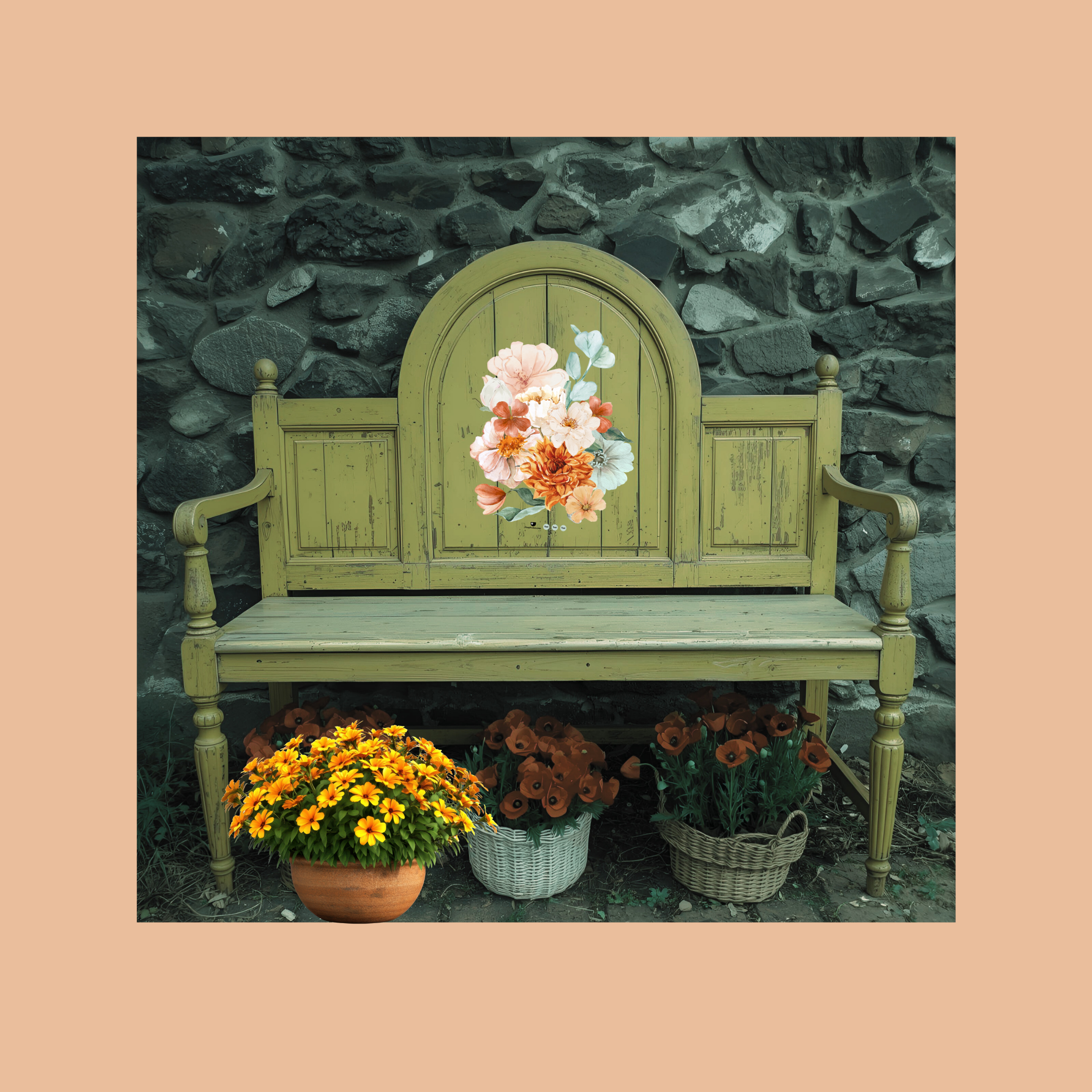 green bench with large flower decal from the sweater weather collection