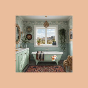mint green bathroom with pretty flower decals on the claw foot tub