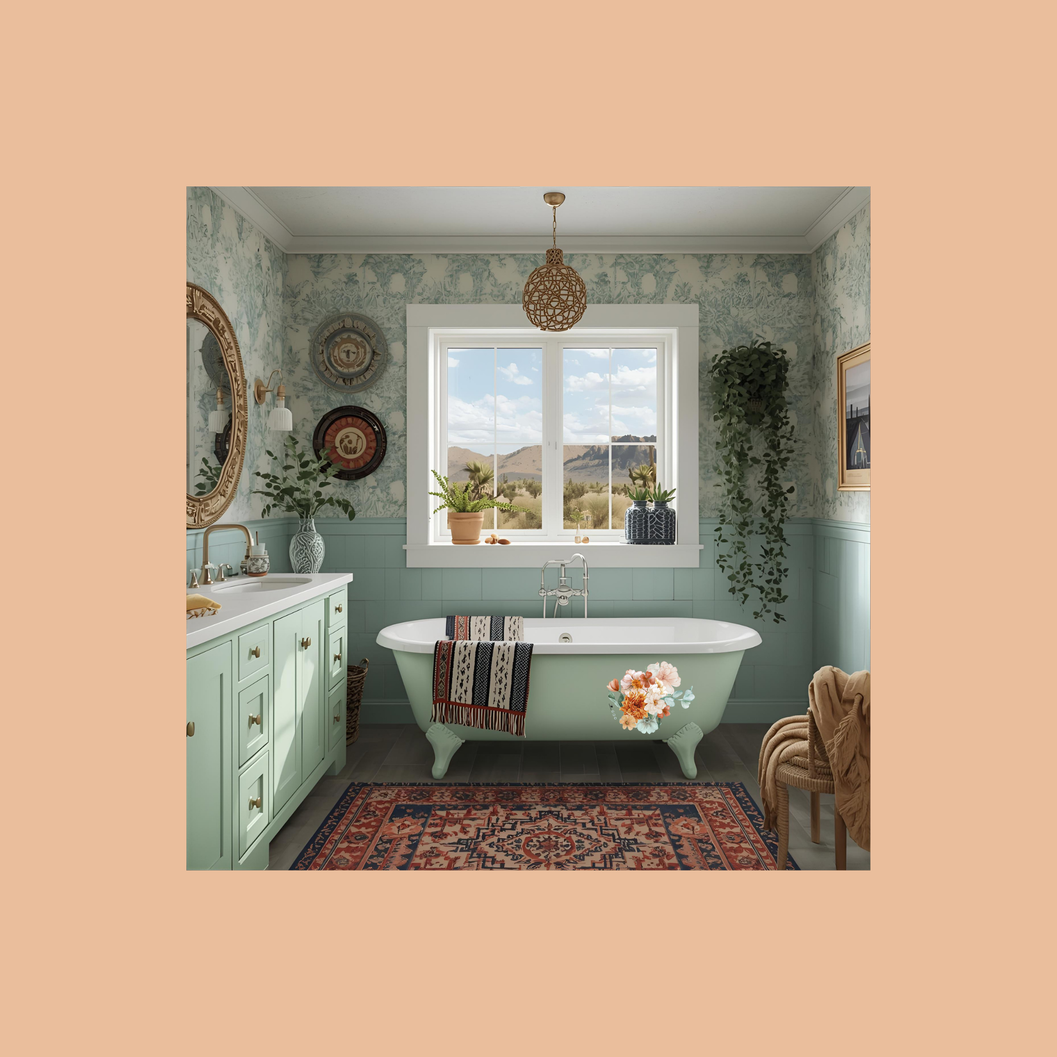 mint green bathroom with pretty flower decals on the claw foot tub