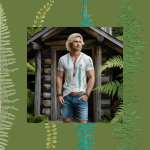 beautiful boho man wearing a linen white shirt with fern decals on it