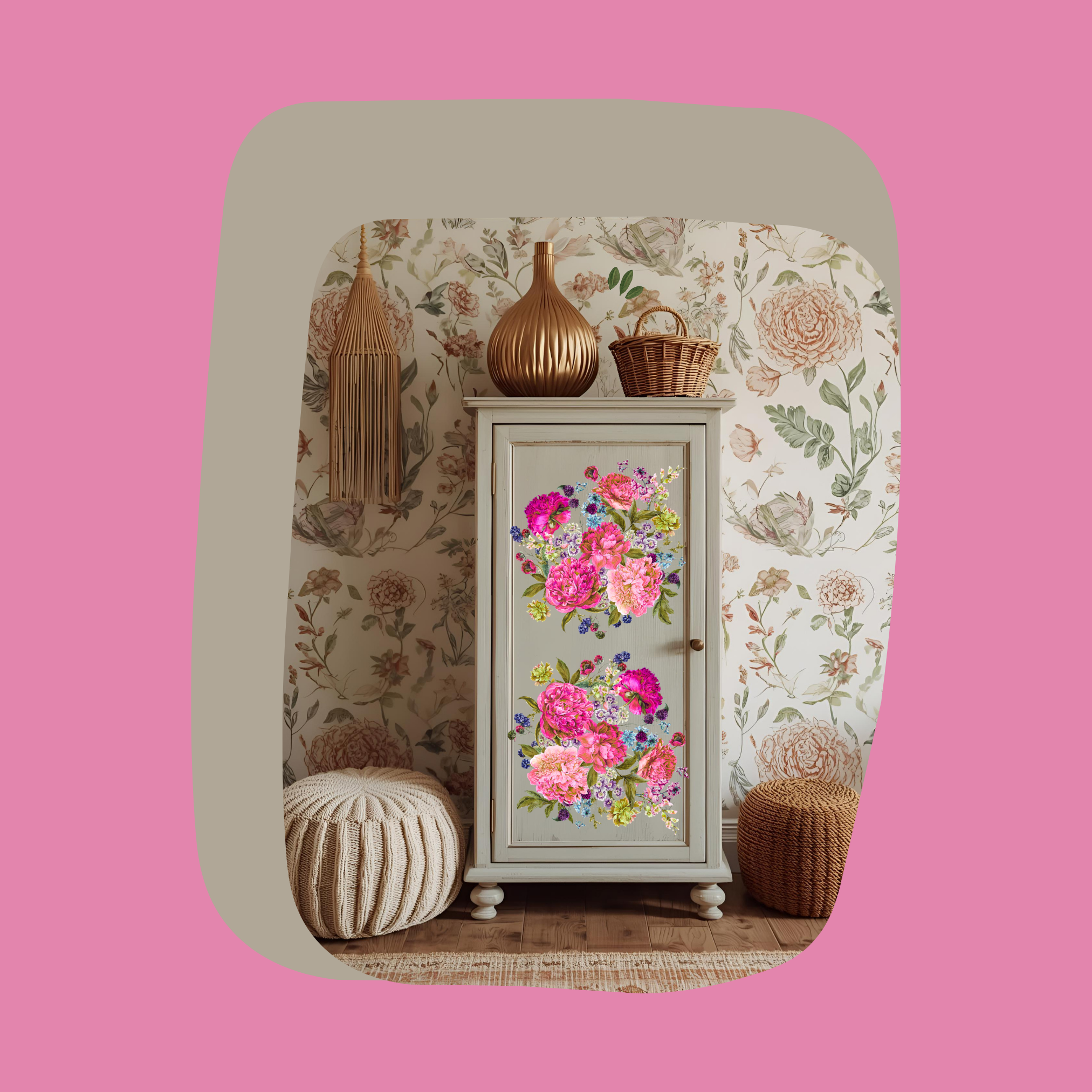 large boho cabinet with huge peony decal
