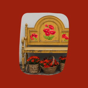 rustic bench with red poppy dtf decals on the back