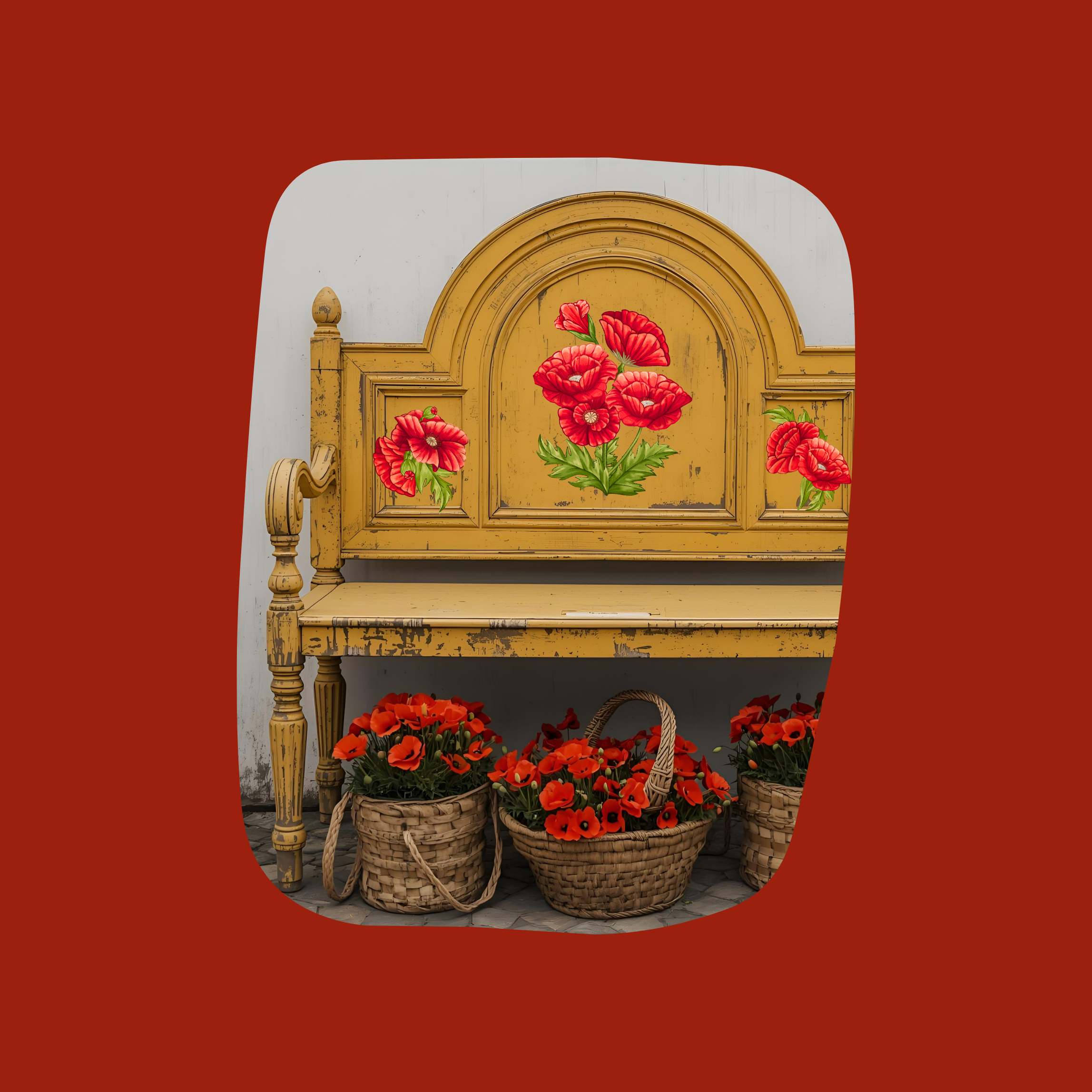 rustic bench with red poppy dtf decals on the back