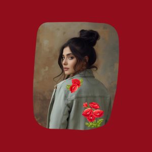 beautiful boho girl with jacket with dtf red poppy flower decals on the back