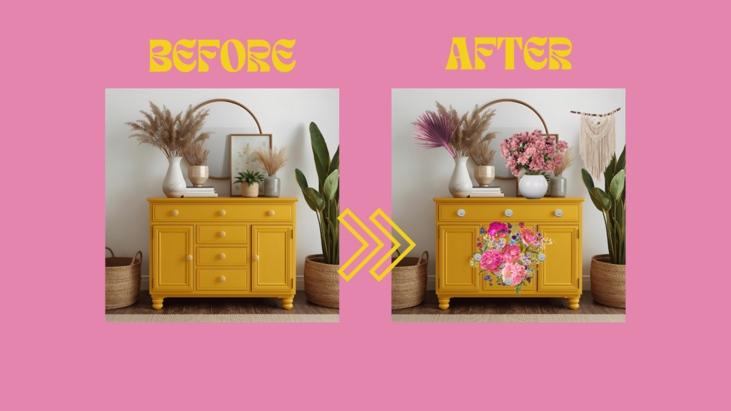 big blooms flower decal on cabinet furniture before and after